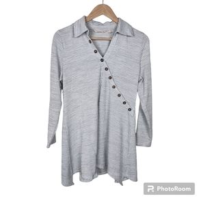 Soft Surroundings Green White Striped Button Detail Long Sleeve Tunic Top Sz S